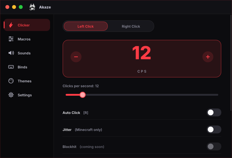 Akaze main window with the red and black interface